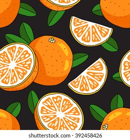 Seamless vector pattern of oranges on a black background. Juicy summer fruit.