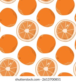 Seamless Vector Pattern of Oranges and Slices on White Background. A repeated vector design displaying whole oranges and their fresh colorful slices against white. Used for vibrant packaging, decor