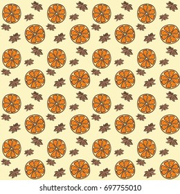 Seamless vector pattern. Oranges slices and anise pattern on the light orange background.