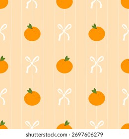 Padrão de vetor sem costura com laranjas e pequenos arcos em um fundo listrado bege quente, adequado para papel de embalagem, tecido e embalagem sazonal.