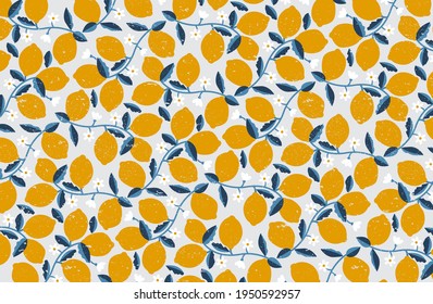 Seamless vector pattern with oranges, tangerines and flowers in retro style. Modern illustration with sicilian fruits and rusty grunge texture. Blue leafs and brunches of an orange tree