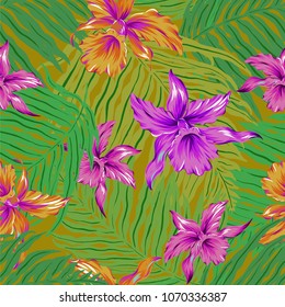 Seamless vector pattern with orchids and palms. Neon glowing colors, exotic flowers.