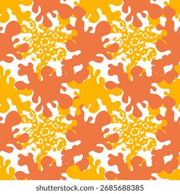 Seamless vector pattern of organic, irregular blobs and splatters in vibrant orange and yellow hues, creating a dynamic, abstract backdrop.