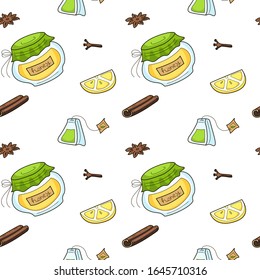 Seamless vector pattern of organic natural honey in glass jar, tea bag and winter spices. repetitive pattern with healthy beverage. decorative Endless print on white background in hand drawn style