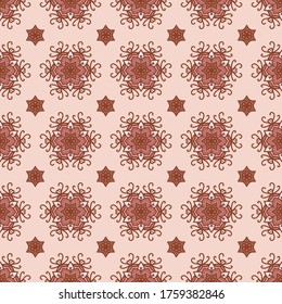 Seamless vector pattern with oriental circular symmetric ornament. Colorful abstract background in boho style. Textile design with mandalas.