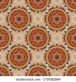 Seamless vector pattern with oriental circular symmetric ornament. Colorful abstract background in boho style. Textile design with mandalas.