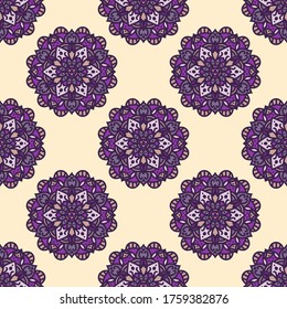 Seamless vector pattern with oriental circular symmetric ornament. Colorful abstract background in boho style. Textile design with mandalas.