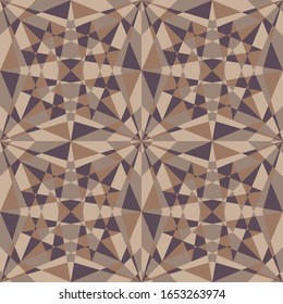 Seamless vector pattern with oriental mosaic in shades of brown and beige. Arabic design imitating intricate motives of mosque decoration. Abstract image with elegant stars consisting of triangles.