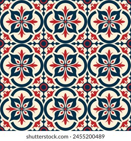 Seamless vector pattern in oriental style. Vector slabs with complex symmetrical patterns are suitable for seamless printing. Interweaving of orange and blue elements on a light yellow background.