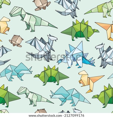 Seamless vector pattern with origami dinosaurs.