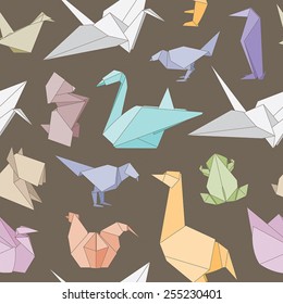 Seamless vector pattern. Origami paper animals and birds.