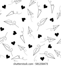 Seamless vector pattern with origami planes and hearts. Perfect for wrapping paper, wallpaper, repeating elements, vintage design, notebook cover, fabric clothes design.