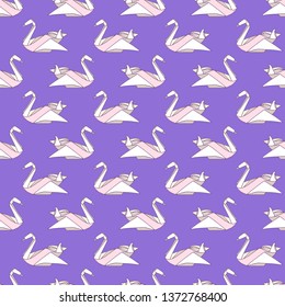 Seamless vector pattern with origami swan birds.