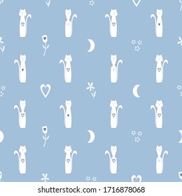 Seamless Vector Pattern with original cats, symbols and flowers for decoration, print, textile, fabric, stationery, cards