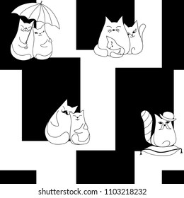 Seamless vector pattern. Original graphic pattern of rectangles and cats.