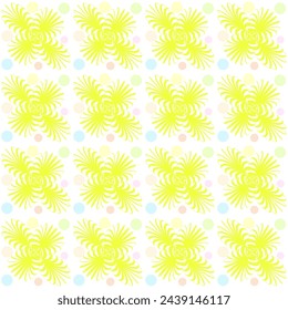 Seamless vector pattern, ornament with flowers, swirls and circles in trendy colors. Suitable for interior, wallpaper, fabrics, clothing, stationery