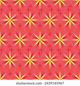 Seamless vector pattern, ornament with star flowers on a multi-colored background in trendy shades. Suitable for interior, wallpaper, fabrics, clothing, stationery.

