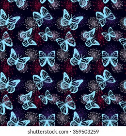 Seamless vector pattern with ornament summer flowers dandelions and butterflies