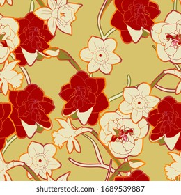 Seamless vector pattern with ornament of twigs and inflorescences and flowers of red, cream color daffodils on sage green background. Modern fashion design for fabric and wallpaper.