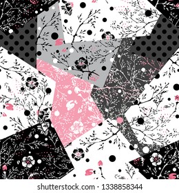 Seamless vector pattern with ornament and wildflowers. Vintage paintings in black, gray, white and pink colors. Hand drawn flowers in vector, design for fashion, wallpaper, web, fabric and all prints
