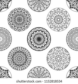 Seamless vector pattern of ornamental circles. Black and white background