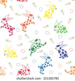 Seamless vector pattern with ornamental colorful Easter rabbits on a white background