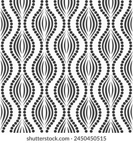 Patrón de Vector sin costuras. Patrón ornamental con curvas, rayas y líneas onduladas punteadas. Fondo decorativo sin costuras en blanco y negro. Para textil, tela, Fondo de pantalla, envoltura.
