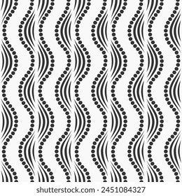 Seamless vector pattern. Ornamental pattern with curves, stripes and dotted wavy lines. Black and white seamless decorative background. For textile, fabric, wallpaper, wrapping.