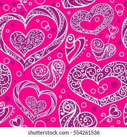 Seamless vector pattern with ornamental decorative hearts. White lines, purple fill and pink background. Romance and Valentine's day theme.