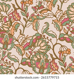 Seamless vector pattern with ornamental flowers and leaves in vintage style on soft beige background. Suitable for wallpaper and textile surfaces.