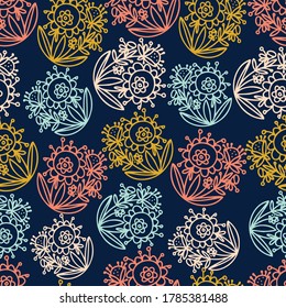 Seamless vector pattern of ornamental lined abstract flowers on dark background. The design is perfectly suitable for clothes design, decoration, stationary, sheets, wallpaper, backgrounds.