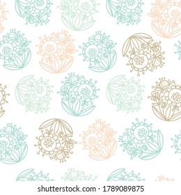 Seamless vector pattern of ornamental lined abstract flowers in circles on white background. The design is perfectly suitable for clothes design, decoration, stationary, sheets, wallpaper, backgrounds
