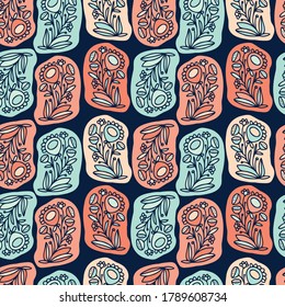 Seamless vector pattern of ornamental lined abstract flowers in circles on dark background. The design is perfectly suitable for clothes design, decoration, stationary, sheets, wallpaper, backgrounds