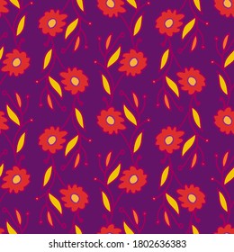 Seamless vector pattern of ornamental lined abstract flowers on purple background. The design is perfectly suitable for clothes design, decoration, stationary, sheets, wallpaper, backgrounds.