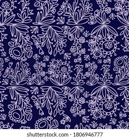 Seamless vector pattern of ornamental lined abstract flowers on dark blue background. The design is perfect for clothes design, decoration, stationary, sheets, wallpaper, backgrounds.