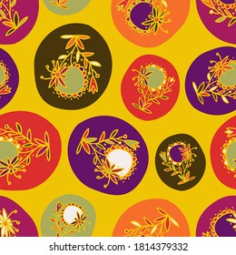 Seamless vector pattern of ornamental lined abstract flowers in circles on yellow. The design is perfectly suitable for clothes design, decoration, stationary, sheets, wallpaper, backgrounds