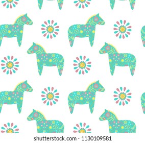 Seamless vector pattern with ornamental scandinavian dala horses on white background