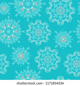 Seamless vector pattern with ornamental snowflakes on turquoise background