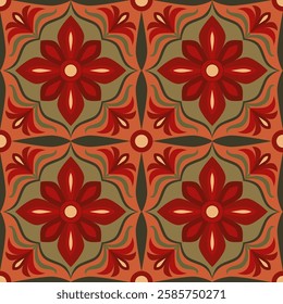 Seamless vector pattern with ornate floral and geometric elements in rich red, green, and earthy orange tones. The symmetrical design features stylized flowers and swirling motifs, inspired by