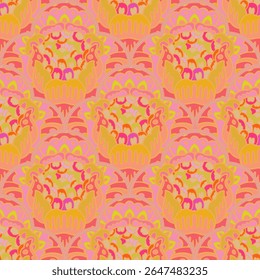Seamless vector pattern with ornate tile-style floral elements in pink, orange and yellow tones, perfect for textile, wallpaper and gift wrapping.