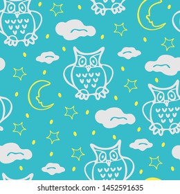 Seamless vector pattern with out lined owls on bright blue background. Cute animal wallpaper design with moon stars and clouds. Ideal for children.