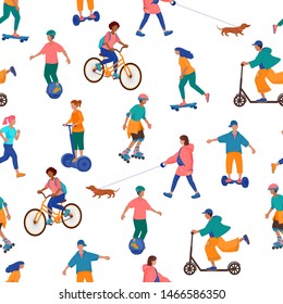Seamless vector pattern of the outdoor activities in flat style on the white background.People running,walking dog,roller skating,skateboarding,bicycling, using electric scooter, monocycle,hoverboard.