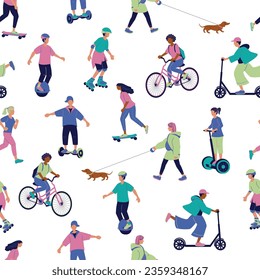 Seamless vector pattern of the outdoor activities in flat style on the white background.People running,walking dog,roller skating,skateboarding,bicycling, using electric scooter, monocycle,hoverboard.