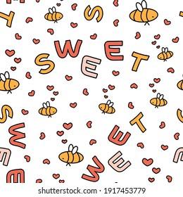 Seamless vector pattern of outline cartoon simple bees, hearts, Sweet letters text. White background, yellow, pink elements are isolated separately
