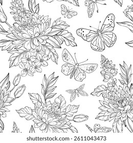 A seamless vector pattern with outline chrysanthemums, lupines, cherry blossoms, and tulips intertwined with lush green leaves, accompanied by butterflies