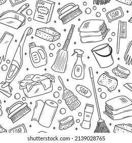 Seamless vector pattern with outline cleaning icons. Background with hand drawn house work elements. Laundry sketch texture. Home routine doodle silhouettes