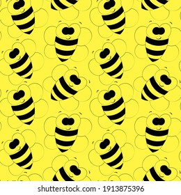 Seamless vector pattern with outline cute cartoon bee