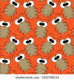Seamless vector pattern with outline cute brown cockroach