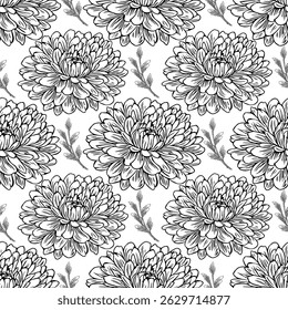 Seamless vector pattern of outline detailed chrysanthemum flowers and small leaves, creating an elegant and intricate floral design.