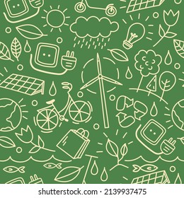 Seamless Vector Pattern With Outline Eco Icons. Background With Hand Drawn Zero Waste And Recycle Elements. Save Planet Doodle Silhouettes